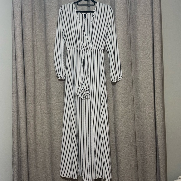 Women’s Striped V-neck Long Sleeve Split Romper Dresss - Picture 1 of 6